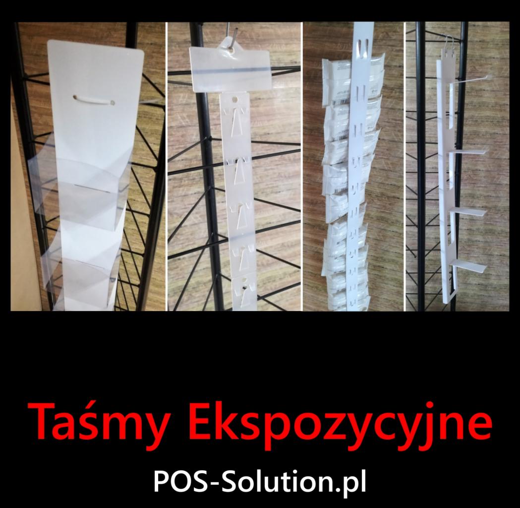 Cztery różne typy białych taśm ekspozycyjnych POS na metalowym regale, prezentujące różne metody zawieszania produktów.