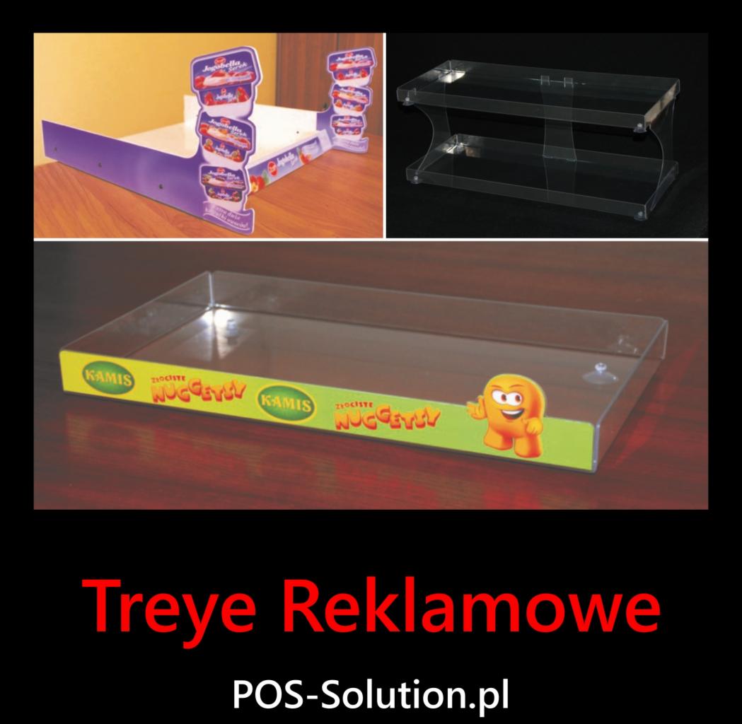 Prezentacja różnych typów trejek reklamowych: tekturowa z grafiką Jagobella, przezroczysta akrylowa dwupoziomowa oraz akrylowa z nadrukiem Kamisa i postacią Nuggetsa.
