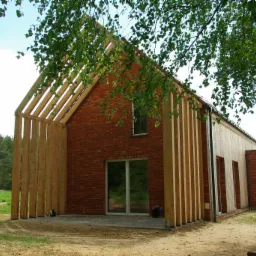 Nowoczesny dom z czerwonej cegły z drewnianą konstrukcją szkieletową, otoczony zielenią. Widoczne duże okna i elementy wykończeniowe. Unikalny detal: kot siedzący przy wejściu.