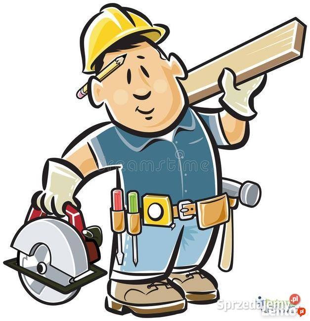 Karykatura budowlańca w kasku, z piłą tarczową, deską na ramieniu i narzędziami przy pasie, z ołówkiem za uchem.