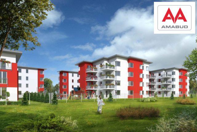 Wizualizacja osiedla mieszkaniowego Górna II w Płocku z budynkami w kolorach białym i czerwonym, z balkonami i placem zabaw na pierwszym planie, prezentowana przez firmę Amabud.