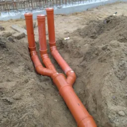 Pomarańczowe rury kanalizacyjne ułożone w wykopie ziemnym, widoczne łączenia i trzy pionowe wyloty, w tle zbrojenie fundamentu i fragment białego busa.