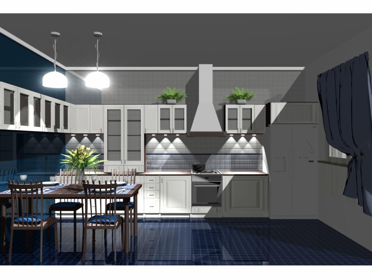 Wizualizacja wnętrza kuchni z jadalnią, białe meble kuchenne, stół z krzesłami, niebieska podłoga i zasłona, oświetlenie punktowe pod szafkami.