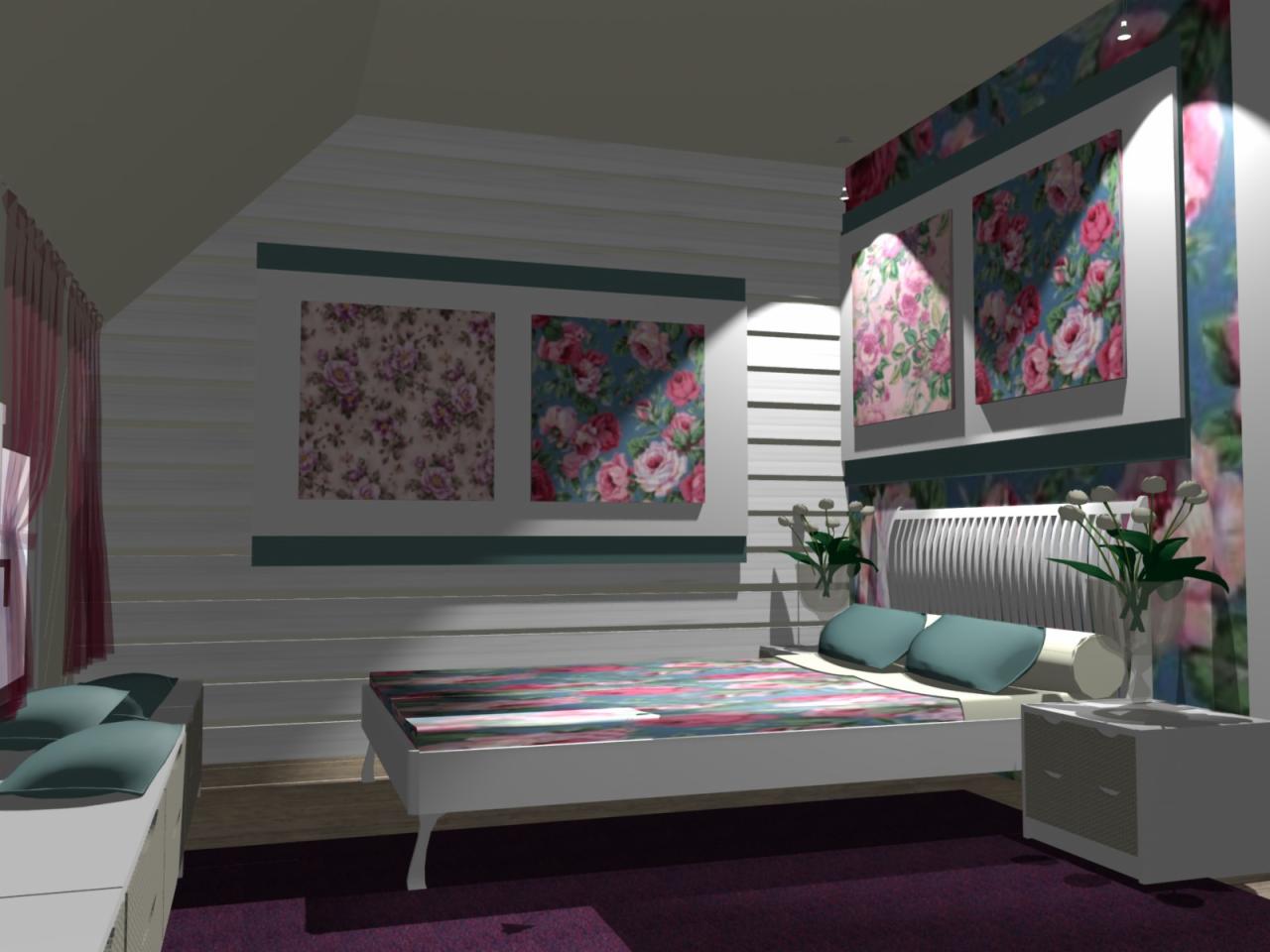 Wizualizacja sypialni z łóżkiem, szafką nocną i dekoracyjnymi panelami ściennymi w kwiatowe wzory.