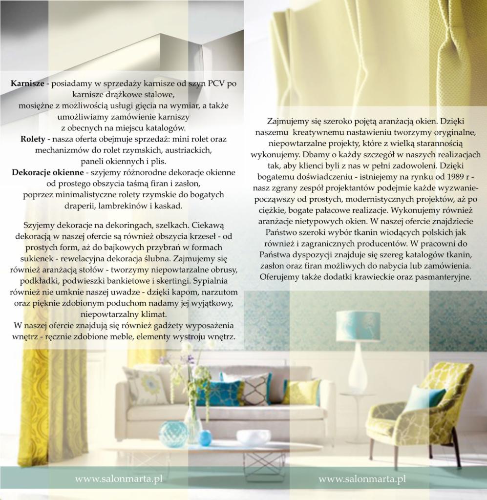 Aranżacja wnętrza z żółto-zielonym krzesłem, poduszkami i lampą na tle jasnej ściany z tekstyliami, prezentowana w formie kolażu z tekstem reklamowym salonu wnętrz.