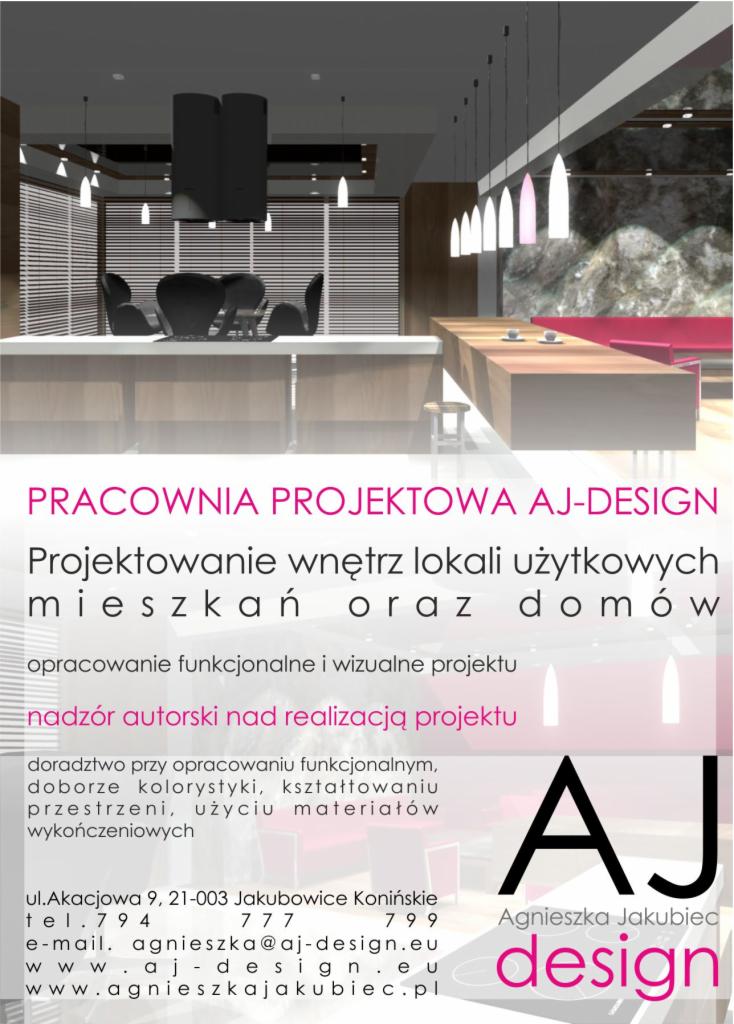 Wizualizacja projektu wnętrza biurowego z długim stołem, krzesłami i oświetleniem, prezentowana jako część oferty pracowni projektowej AJ-Design.