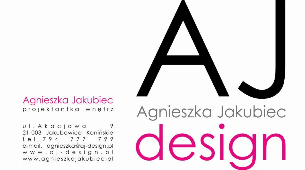 Projekt wizytówki projektantki wnętrz Agnieszki Jakubiec z logo firmy AJ Design, zawierającej dane kontaktowe, adres i adres strony internetowej.