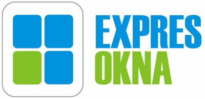 Logo firmy 'EXPRES OKNA' z graficznym przedstawieniem okna podzielonego na cztery kwadraty, z których jeden jest zielony, a trzy niebieskie.