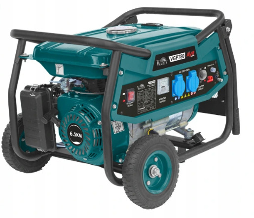 Agregat prądotwórczy VANDER VGP780 AVR o mocy 6.5KM, z dwoma gniazdami na panelu sterowania i ramą ochronną.