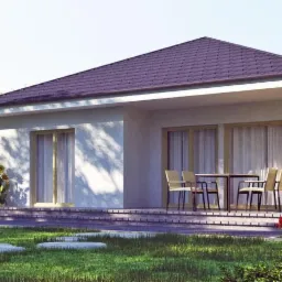 Wizualizacja parterowego domu energooszczędnego z zadaszonym tarasem, brązowy dach, biała elewacja z elementami drewna, ogród z kamiennymi ścieżkami i czerwonymi kwiatami.