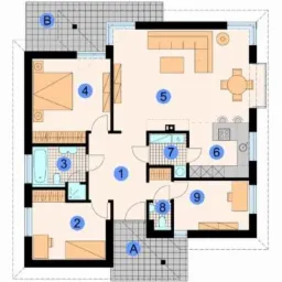 Rzut poziomy domu ENERGO 113 z systemem murowanym YTONG, widoczne pomieszczenia: sypialnia, łazienka, pokój, salon z aneksem kuchennym, taras.