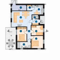 Rzut poziomy domu ENERGO 94 z tarasem, uwzględniający układ pomieszczeń: salon, kuchnia, dwie sypialnie i łazienka.