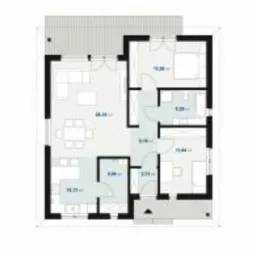 Plan parteru domu energooszczędnego 'DOM ENERGO 90' z zaznaczonym układem pomieszczeń, metrażem i wyposażeniem, widok z góry.