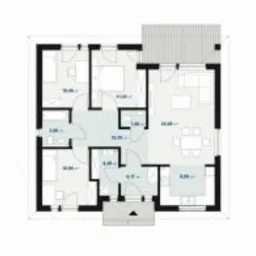 Rzut poziomy domu energooszczędnego o powierzchni 95 m2, prezentujący rozkład pomieszczeń i ich metraż.