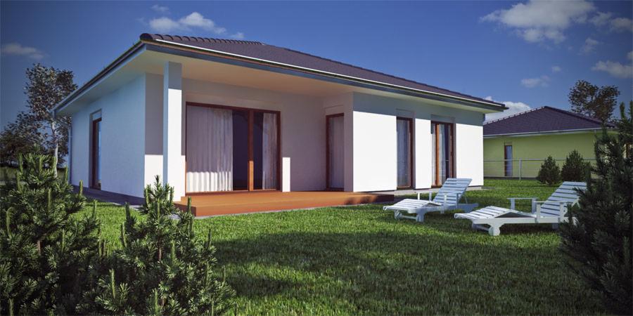 Wizualizacja domu energooszczędnego z białymi ścianami i drewnianym tarasem, z dwoma białymi leżakami na trawniku w słoneczny dzień.