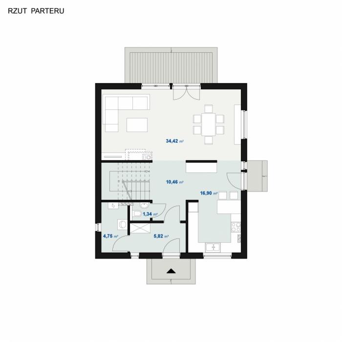 Rzut parteru domu ENERGO 127 z podanymi wymiarami pomieszczeń i układem mebli na planie.