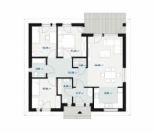 Rzut poziomy domu energooszczędnego o powierzchni 95 m2, prezentujący rozkład pomieszczeń i ich metraż.