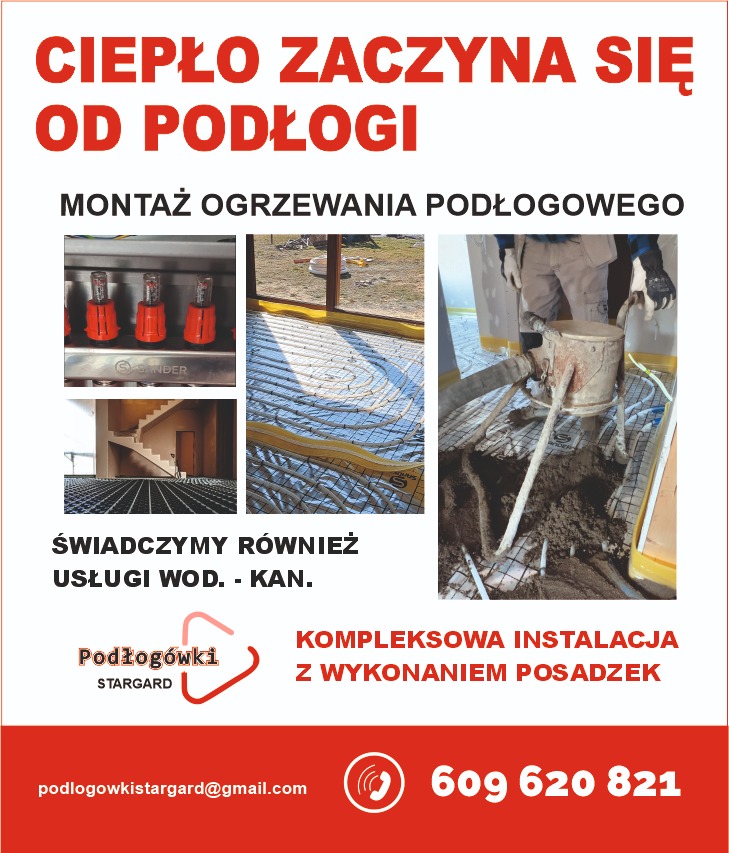 Montaż ogrzewania podłogowego: rozdzielacz, ułożone rury na izolacji, wylewka posadzki. Reklama usług wod-kan i kompleksowej instalacji z posadzkami.