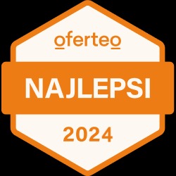 Pomarańczowa odznaka Oferteo 'NAJLEPSI 2024' na czarnym tle.