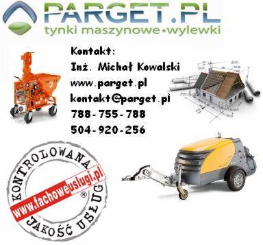 Grafika reklamowa firmy Parget.pl oferującej tynki maszynowe i wylewki, prezentująca pomarańczową maszynę do tynkowania, wizualizację domu z dachem, żółto-szarą maszynę do wylewek oraz okrągły znak...