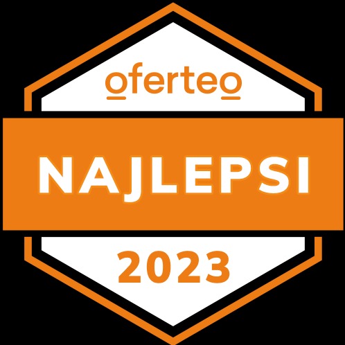 Grafika Oferteo 'Najlepsi 2023' w pomarańczowo-białej kolorystyce na czarnym tle, w kształcie heksagonu z napisem wewnątrz.