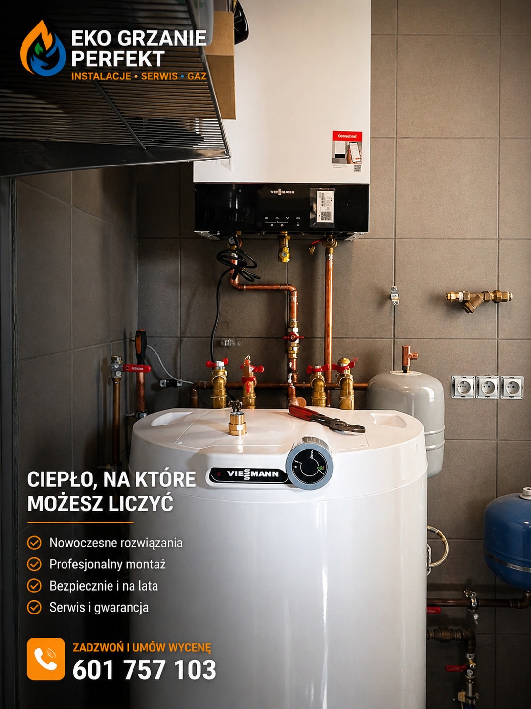 Nowoczesny piec gazowy Viessmann z podłączonym zasobnikiem wody, instalacja w szarych płytkach. Widoczne miedziane rury i zawory. Na górze logo firmy Eko Grzanie Perfekt.