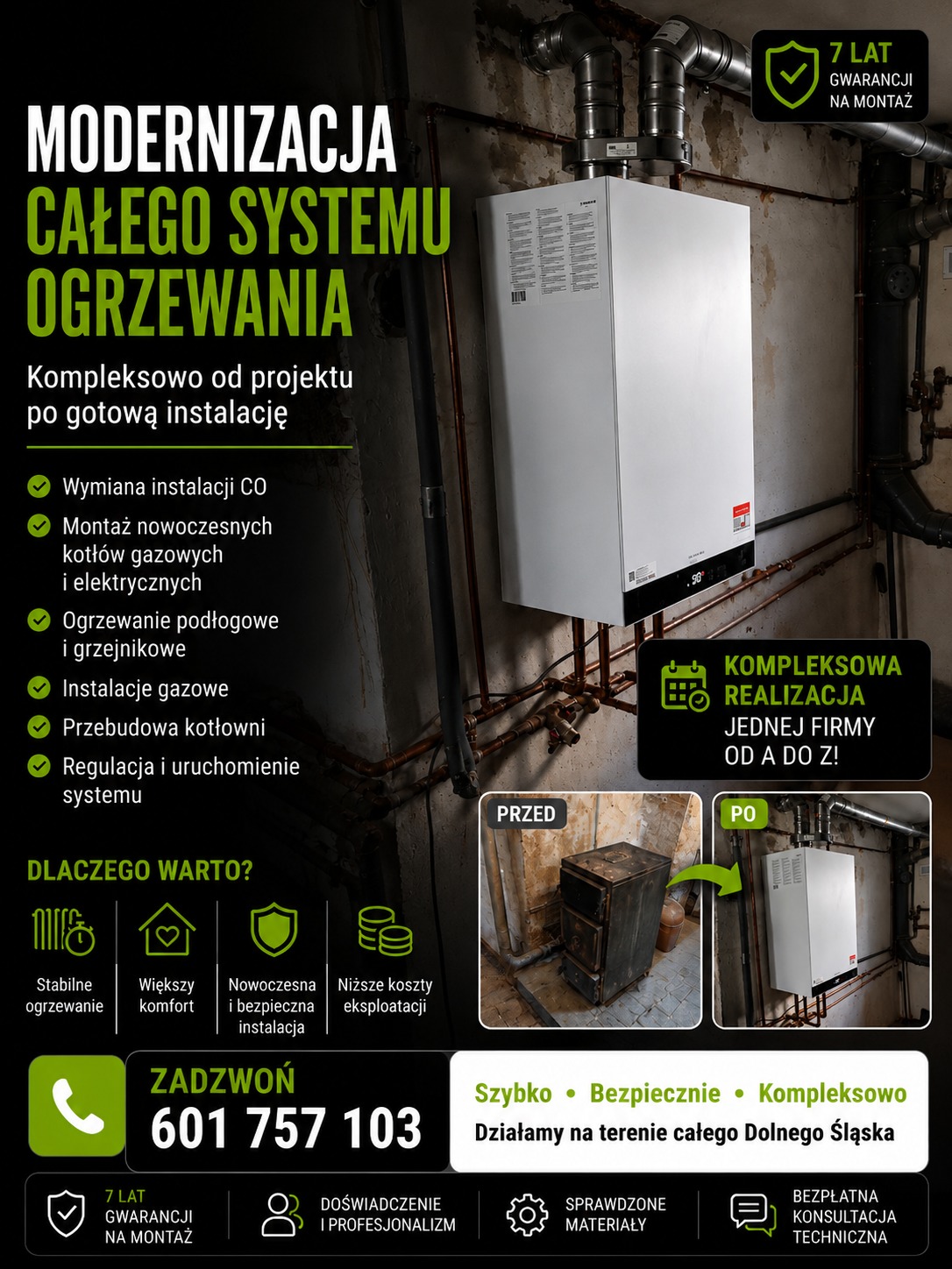 Modernizacja systemu ogrzewania: zdjęcie 'przed i po' wymiany starego pieca na nowy, nowoczesny kocioł gazowy. Kompleksowa realizacja, 7 lat gwarancji na montaż.