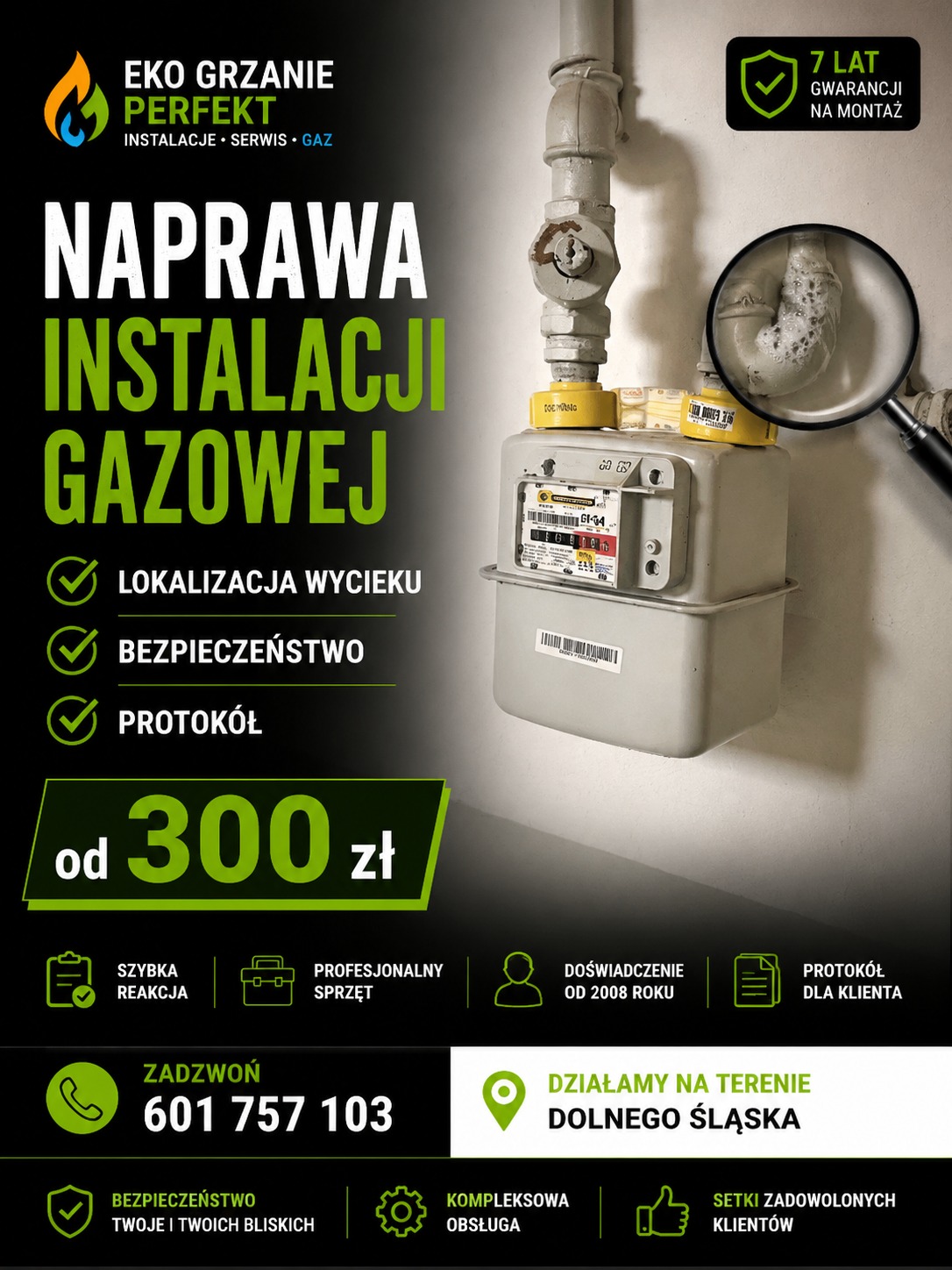 Naprawa instalacji gazowej: licznik gazu z powiększeniem na nieszczelność, oferta od 300 zł, lokalizacja wycieku, bezpieczeństwo, protokół. Dolny Śląsk, doświadczenie od 2008.
