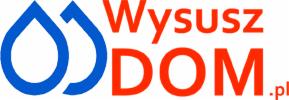 Logo firmy z dwiema niebieskimi kroplami wody oraz czerwonym napisem 'Wysusz DOM.pl'.