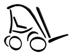 Prosty, czarno-biały szkic wózka widłowego, potencjalne logo firmy z Radomska oferującej usługi w zakresie wózków widłowych.