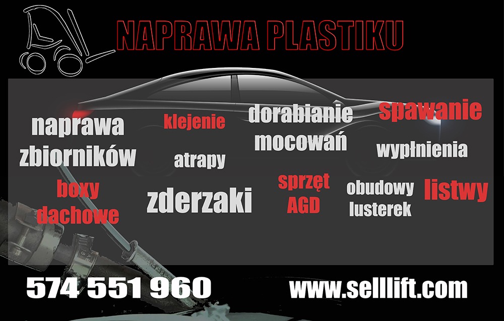Grafika reklamowa z sylwetką samochodu i hasłem 'Naprawa plastiku', prezentująca usługi naprawy zbiorników, zderzaków, boxów dachowych, klejenia, spawania, dorabiania mocowań, wypełniania, obudów...