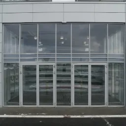 Szklana fasada budynku z czterema parami drzwi z szarymi ramami i żaluzjami wewnętrznymi, widoczny fragment ławki z boku.