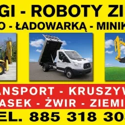 Żółta koparko-ładowarka, wywrotka z otwartą skrzynią i mała koparka na tle żółto-czerwonego baneru z napisem: Usługi - Roboty Ziemne, Transport - Kruszywa, Piasek - Żwir - Ziemia, oraz numer telefonu.