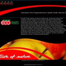 Wygląd strony internetowej firmy Eco Fruits, zajmującej się produkcją i dystrybucją owoców, z menu nawigacyjnym, logiem firmy i tekstem informacyjnym oraz grafiką jabłka.