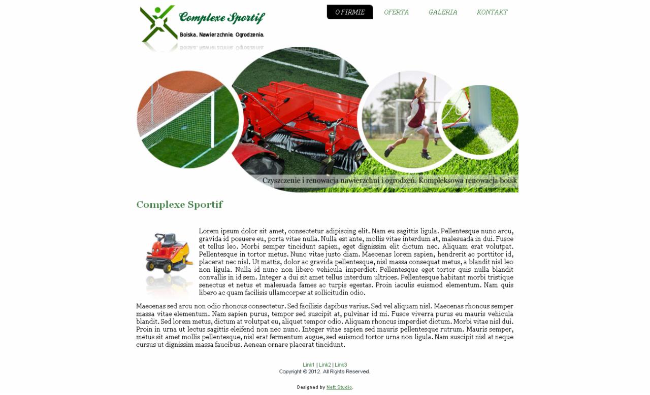 Strona internetowa firmy zajmującej się boiskami, nawierzchniami i ogrodami, z elementami graficznymi prezentującymi trawiaste boiska, maszynę do czyszczenia nawierzchni oraz grającego w piłkę...