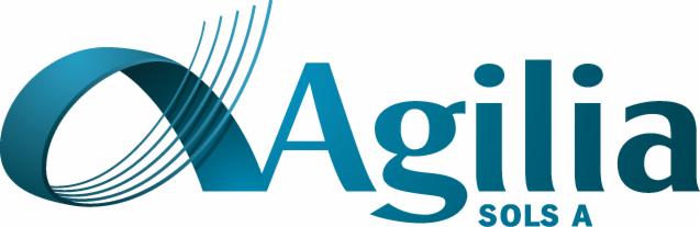 Niebieskie logo firmy Agilia SOLS A z abstrakcyjnym symbolem wstęgi i napisem na białym tle.
