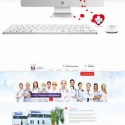 Prezentacja responsywnej strony internetowej o tematyce medycznej na laptopie i monitorze, z wizualizacją strony głównej i podstron.