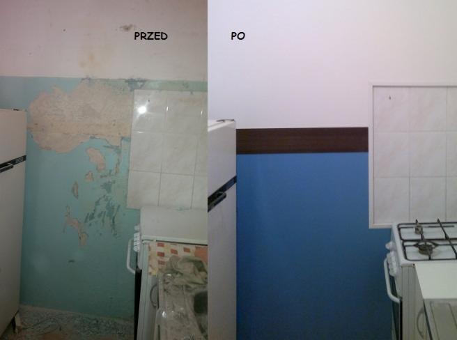 Zdjęcie 'przed' i 'po' malowania ścian w kuchni. Po lewej ściana z odpadającą farbą, po prawej świeżo pomalowana na niebiesko, z białymi płytkami nad kuchenką.