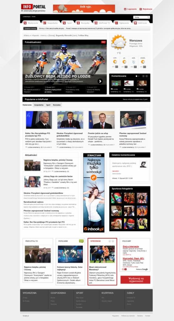 Zrzut ekranu strony internetowej portalu informacyjnego z nagłówkiem, menu, aktualnościami, pogodą dla Warszawy i reklamami, z wyraźnym podziałem na sekcje tematyczne.