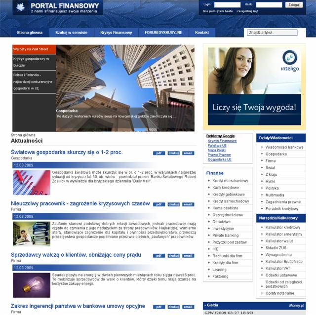 Strona internetowa portalu finansowego z nagłówkiem 'Portal Finansowy', artykułami o gospodarce, finansach i giełdzie, reklamami i narzędziami kalkulatorów.