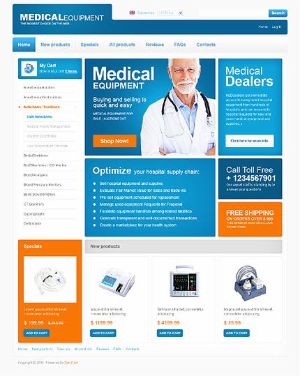 Projekt strony internetowej sklepu z artykułami medycznymi, prezentujący asortyment sprzętu szpitalnego i medycznego, z panelem nawigacyjnym i zdjęciem uśmiechniętego lekarza w tle.