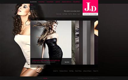 Projekt strony internetowej sklepu odzieżowego z dwiema modelkami w sukienkach, ciemne tło, logo J&D Clothes Boutique w prawym górnym rogu.