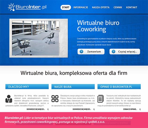 Strona internetowa firmy oferującej wirtualne biuro i coworking, z widocznym logo BiuroInter.pl, nagłówkiem 'Wirtualne biuro Coworking' oraz zdjęciem pustej przestrzeni biurowej z biurkami...