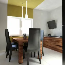 Nowoczesna jadalnia z drewnianym stołem i czarnymi krzesłami. W tle zabudowa kuchenna z drewnianymi frontami i minimalistyczna dekoracja ścienna.