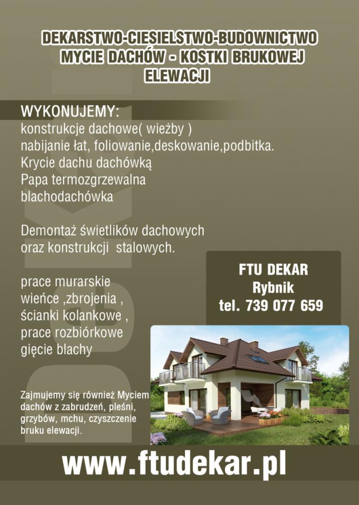 Grafika firmy dekarskiej FTU DEKAR z Rybnika. Oferta: konstrukcje dachowe, krycie dachówką, demontaż świetlików, prace murarskie, mycie dachów i elewacji. Kontakt tel.