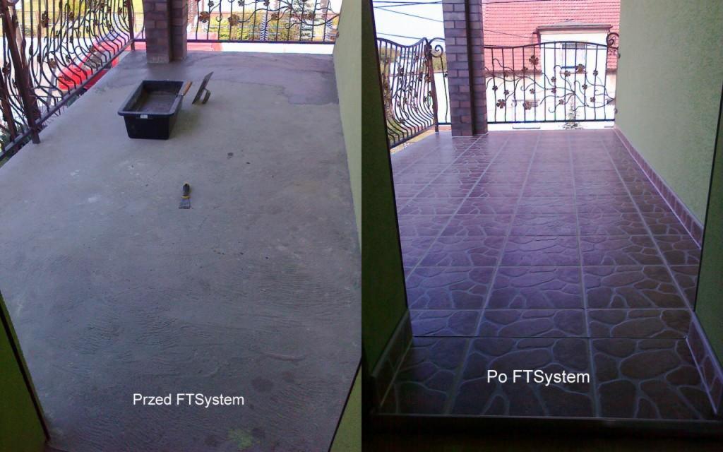 Balkon przed i po kafelkowaniu: po lewej surowy beton, po prawej ułożone brązowe płytki z wzorem kamienia, widoczne narzędzia glazurnicze i wiaderko z zaprawą.