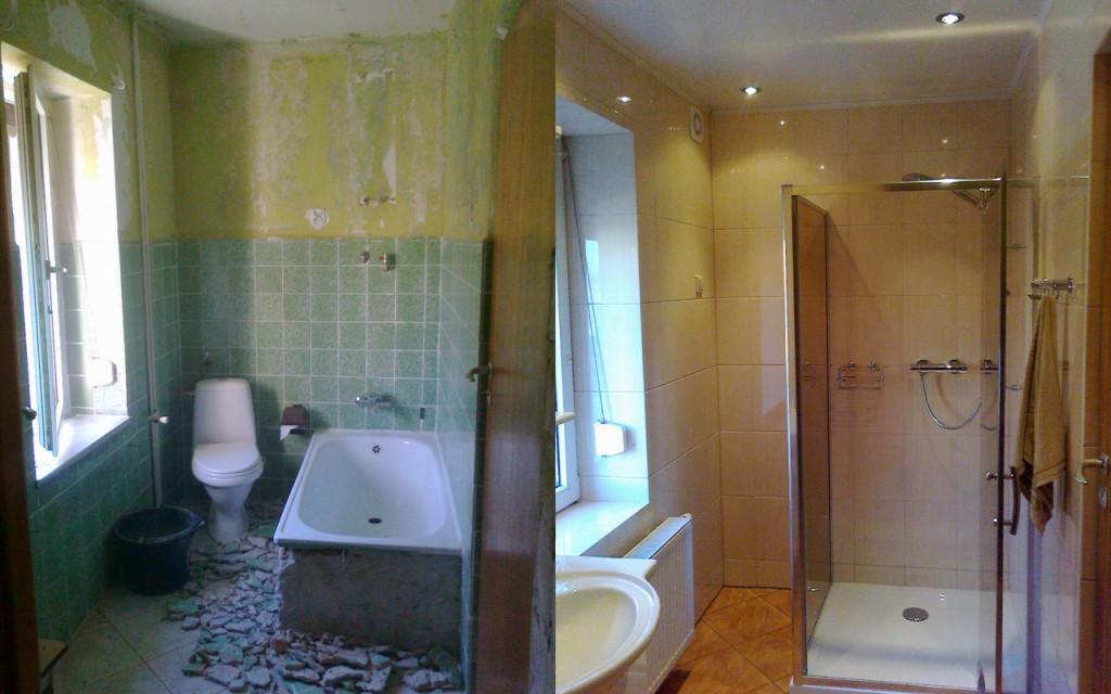 Remont łazienki w Dziergowicach: Porównanie stanu przed i po, z widocznymi starymi, zielonymi płytkami oraz nową kabiną prysznicową i beżowymi płytkami.