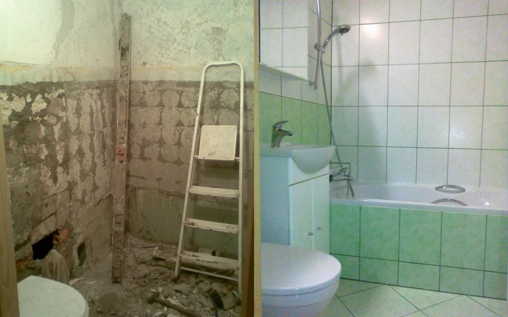 Porównanie stanu łazienki przed i po remoncie: surowe, otynkowane ściany z resztkami starej glazury, drabina malarska oraz wyremontowana łazienka z zielono-białymi płytkami, wanną, umywalką i toaletą.