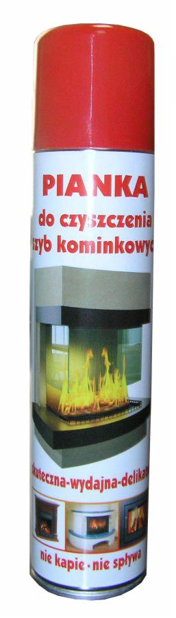Pojemnik z czerwoną nakrętką zawierający piankę do czyszczenia szyb kominkowych, z ilustracją kominka z płomieniami i informacjami o produkcie.