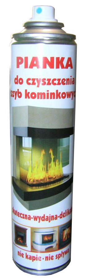 Puszka z pianką do czyszczenia szyb kominkowych, z ilustracją płonącego kominka na etykiecie i hasłami 'skuteczna-wydajna-delikatna' oraz 'nie kapie-nie spływa'.